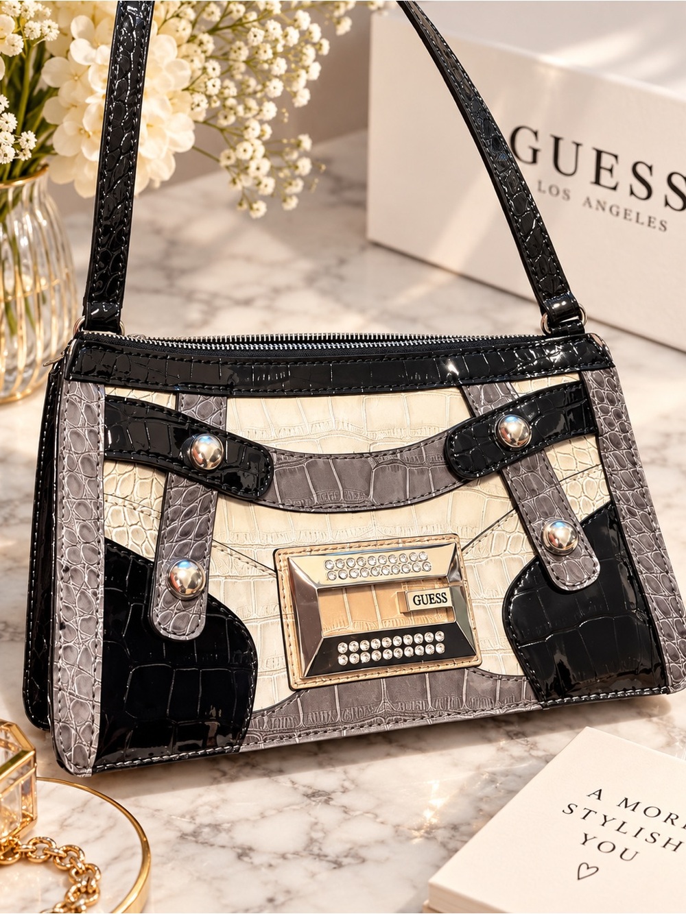Y2K Vintage Guess Shoulder Bag – Croc Embossed Patchwork Purse Black Gray Ivory